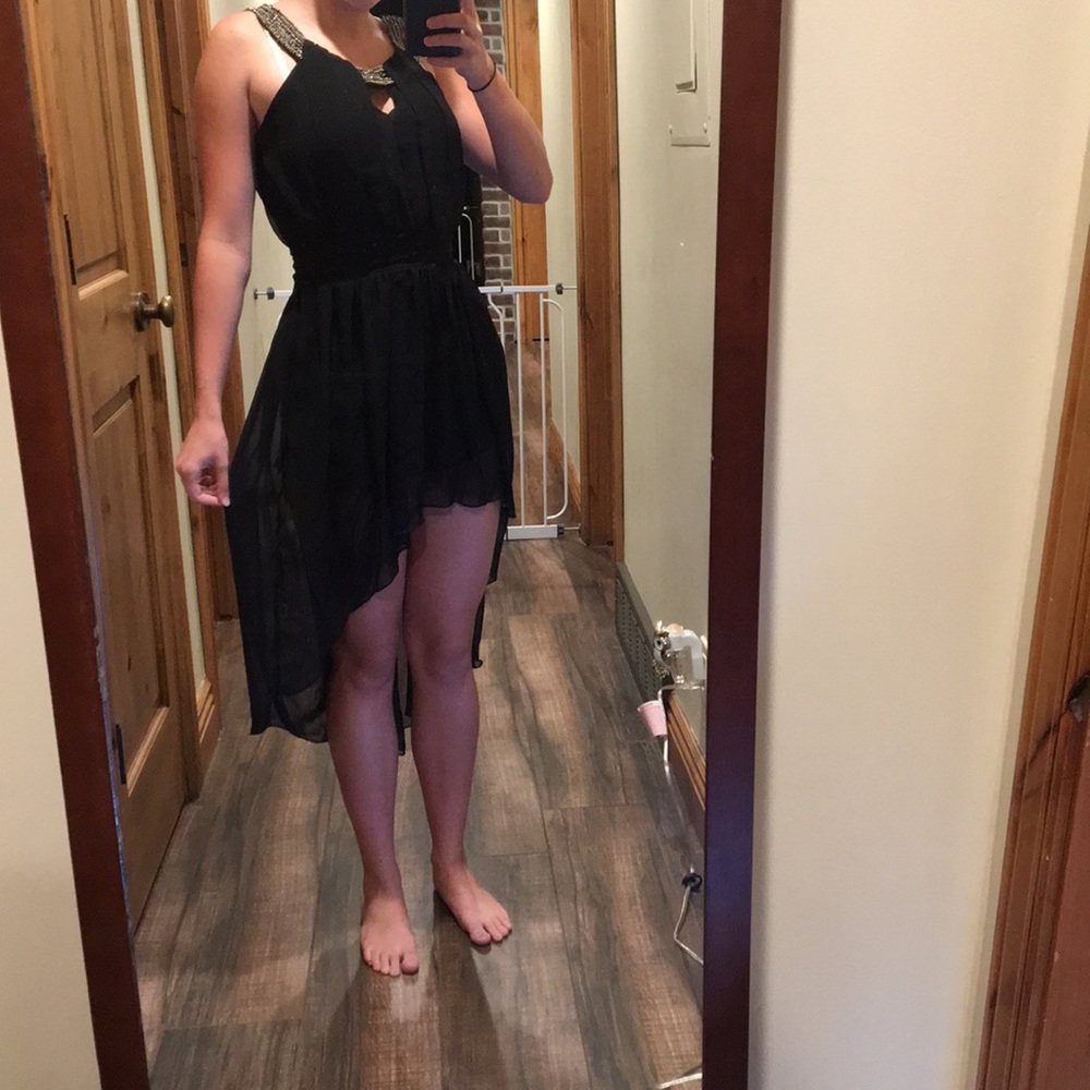 formal black asymmetrical dress with cut-outs